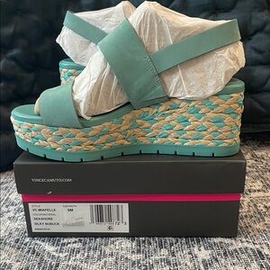 Vince Camuto Women's Wedge Sandals - Teal and Tan Miapelle Seashore Silky Nubuck